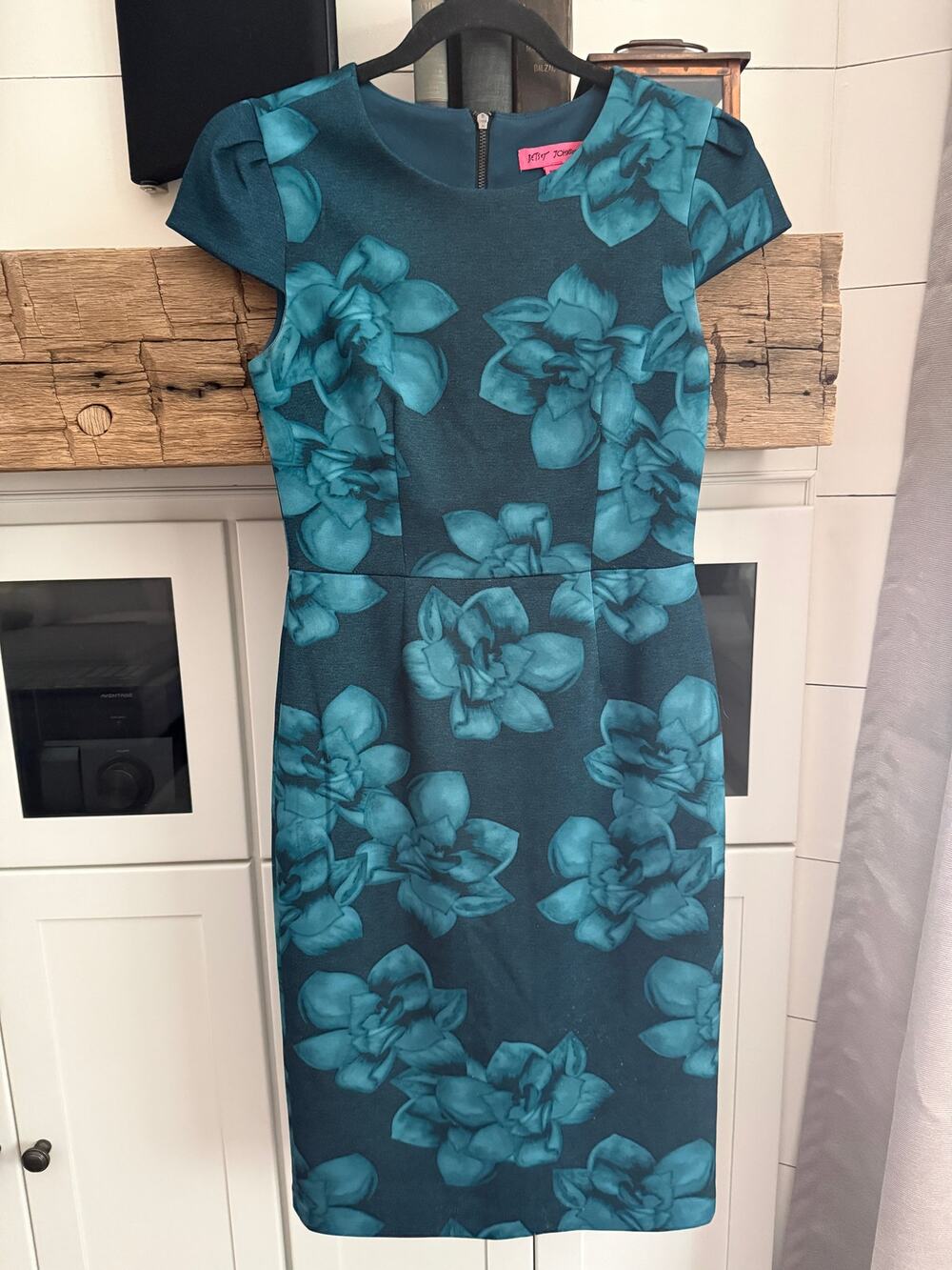 Betsey Johnson Teal Floral Print Cap Sleeve Sheath Dress Size 0 Pencil Dress y2k